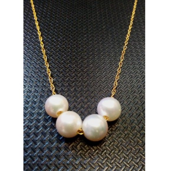 Solid 14K Yellow Gold Four Natural Round White Pearls Necklace 16"-19" - Picture 6 of 11